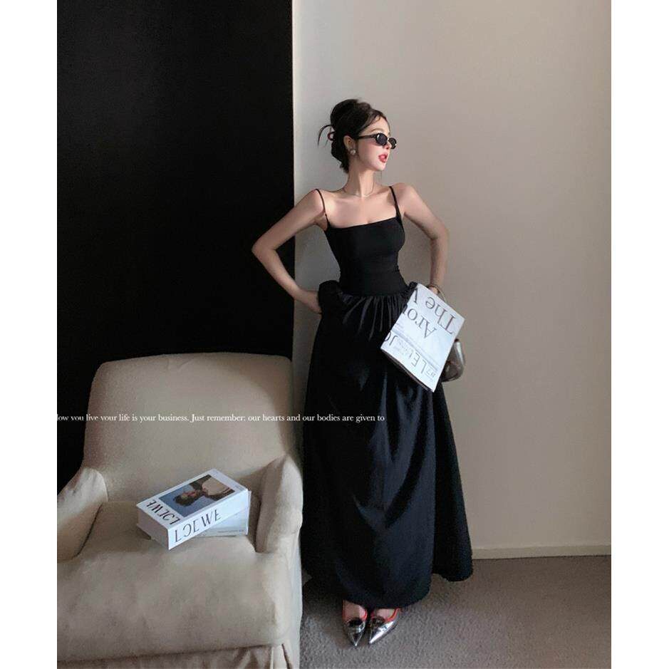 法式黑色吊带连衣裙女夏季气质收腰露背大摆裙子高级感a字裙长裙