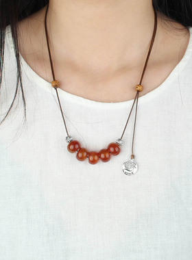 复古玛瑙项链民族风长款毛衣链女2021新款简约气质文艺棉麻配饰品