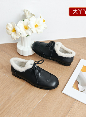 宽胖脚肥大码女鞋41-43优选2025冬季棉鞋英伦风低跟真皮鞋25-812