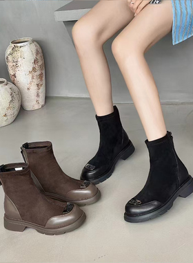 脚宽脚肥大码女鞋41-43低跟短靴2024秋冬新款弹力瘦瘦靴60196-11