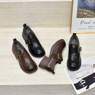 43冬季 2024新款 软面皮粗跟复古毛毛鞋 宽胖脚肥大码 20238 女鞋