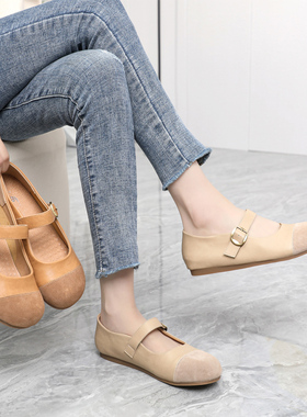 宽胖脚肥41-43码2025春季新款真皮复古平底博肯鞋秀气小单鞋888-2