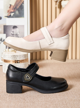 宽胖脚肥大码女鞋41-43小皮鞋2025春季新款真皮中跟浅口单鞋86560