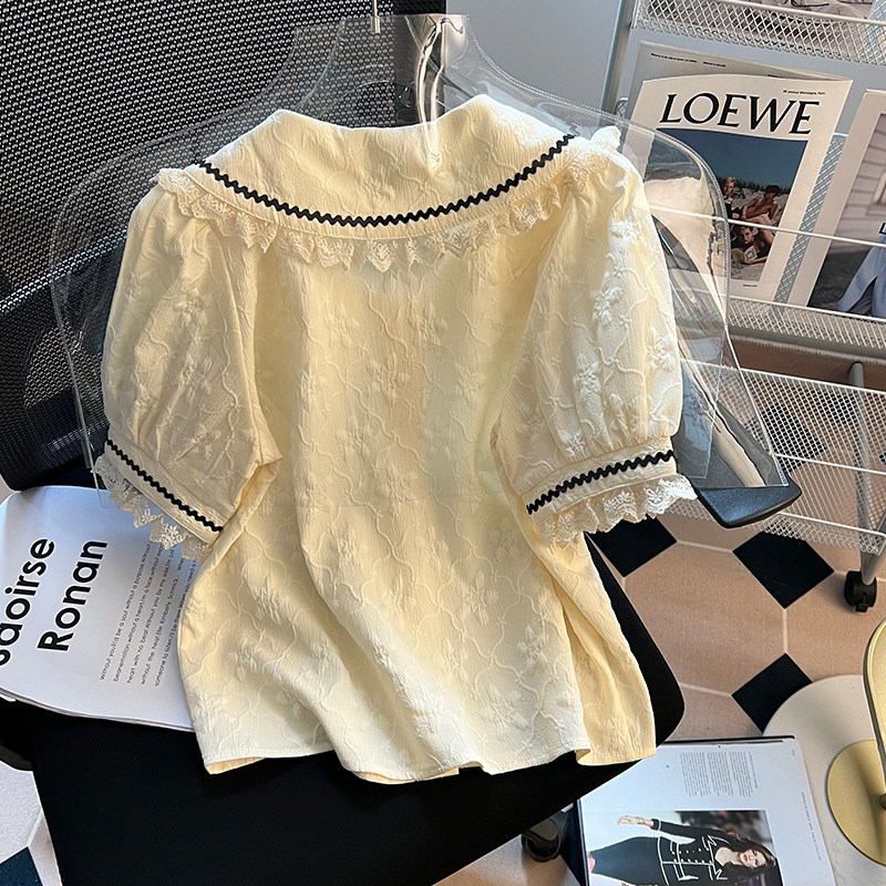 THE UPPER BODY IS BEAUTIFUL  ITS SO PRETTY  FRENCH VINTAGE DOLL COLLAR LACE SHIRT WOMENS SUMMER PUFF SHORT SLEEVE TOP