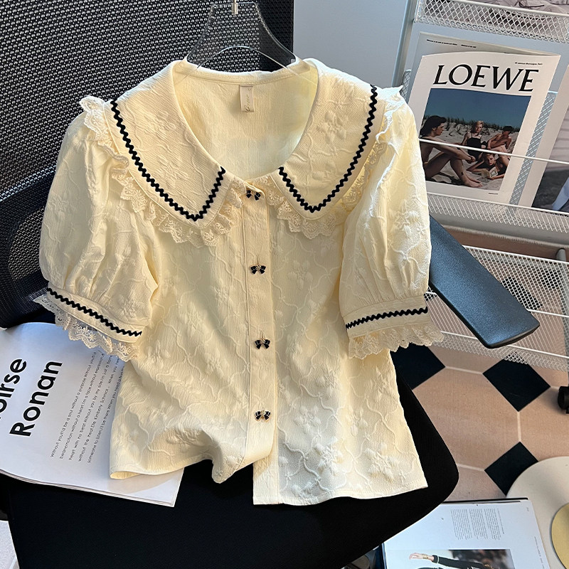 THE UPPER BODY IS BEAUTIFUL  ITS SO PRETTY  FRENCH VINTAGE DOLL COLLAR LACE SHIRT WOMENS SUMMER PUFF SHORT SLEEVE TOP