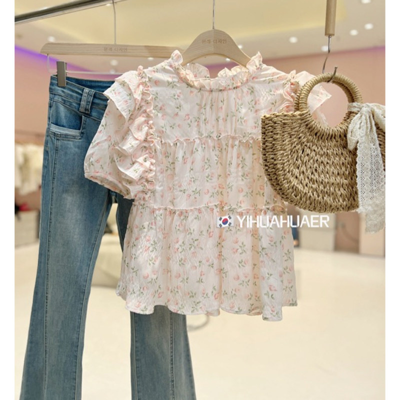 SUMMER SOLSTICE CHERRY PINK SOUTH KOREAS DONGDAEMUN NEW RUFFLE FLORAL TOP WOMENS DESIGN SENSE BUBBLE SHORT-SLEEVED SHIRT