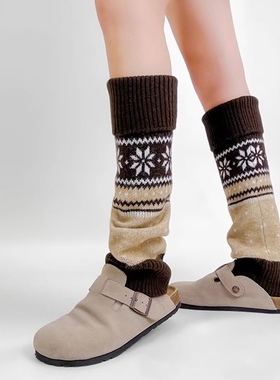 费尔岛风腿套复古雪花竖条纹针织小腿中筒保暖堆堆袜套秋冬袜子