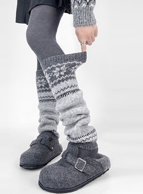 羊毛秋冬袜套女费尔岛圣诞风提花针织长筒保暖日系堆堆袜中筒腿套