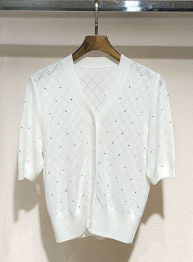 舞纤夏季新款女装 V领短袖单排扣收腰烫钻开衫针织衫上衣P121701D