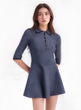 法国M家同款秋季新款女装灰色收腰修身短款针织连衣裙MFPRO03682