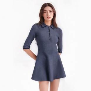 法国M家同款秋季新款女装灰色收腰修身短款针织连衣裙MFPRO03682