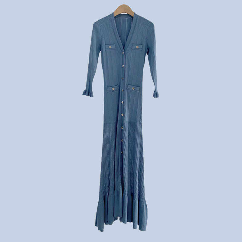 法式S家同款春夏新款优雅七分袖V领收腰针织连衣裙中长款鱼尾裙