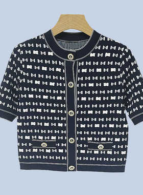 法式同款夏季新款小香风圆领蝴蝶结印花短袖针织开衫上衣Q126601E