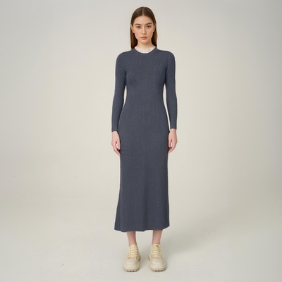 法国S家同款早秋新款优雅荷叶领拼接灰色修身针织长裙SFPRO04022