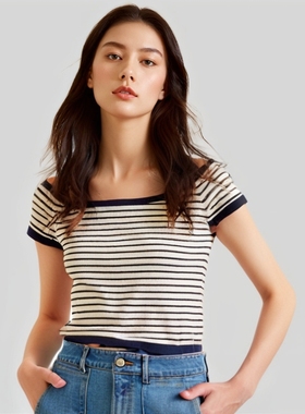 法式M家2025春夏新款简约一字领条纹针织衫短上衣MFPPU00892