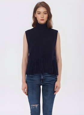 法国S家同款秋冬新款女深蓝色高领流苏无袖针织衫披肩SFABO00890