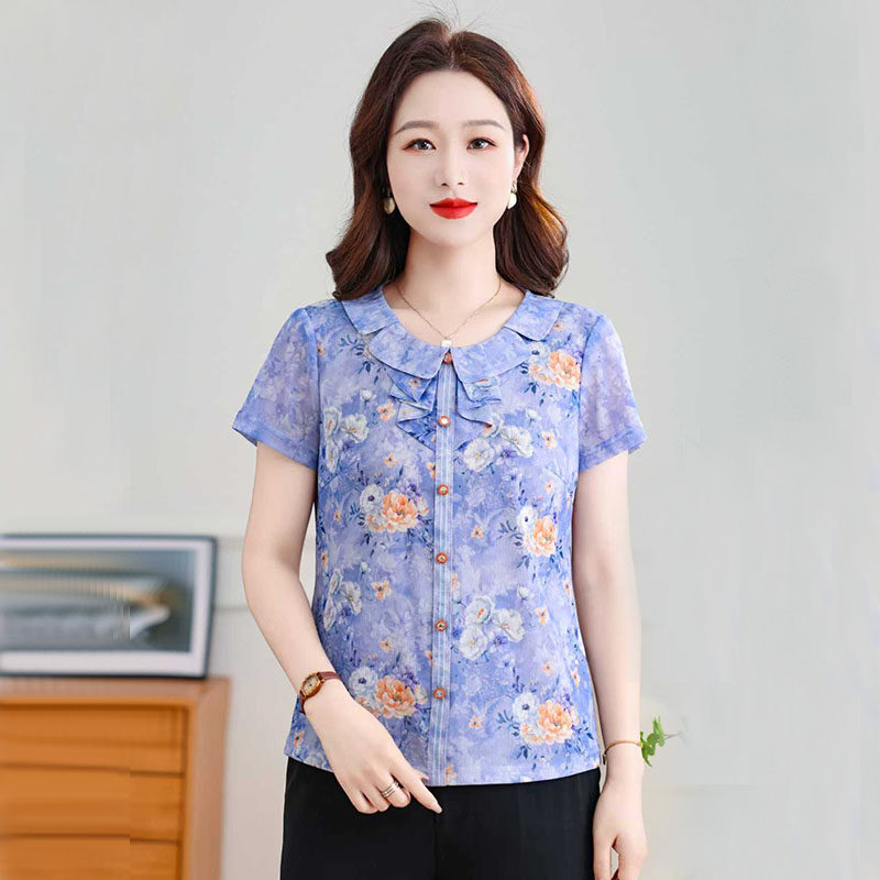 雪琳儿品牌高端台湾纱上衣夏装妈妈短袖中老年女装透气轻薄款T恤