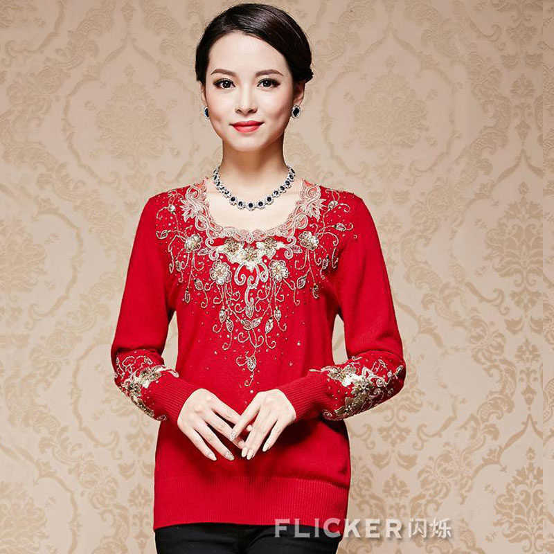 中年妈妈本命年红色上衣秋冬装高端手工订珠刺绣花毛衣高档羊毛衫