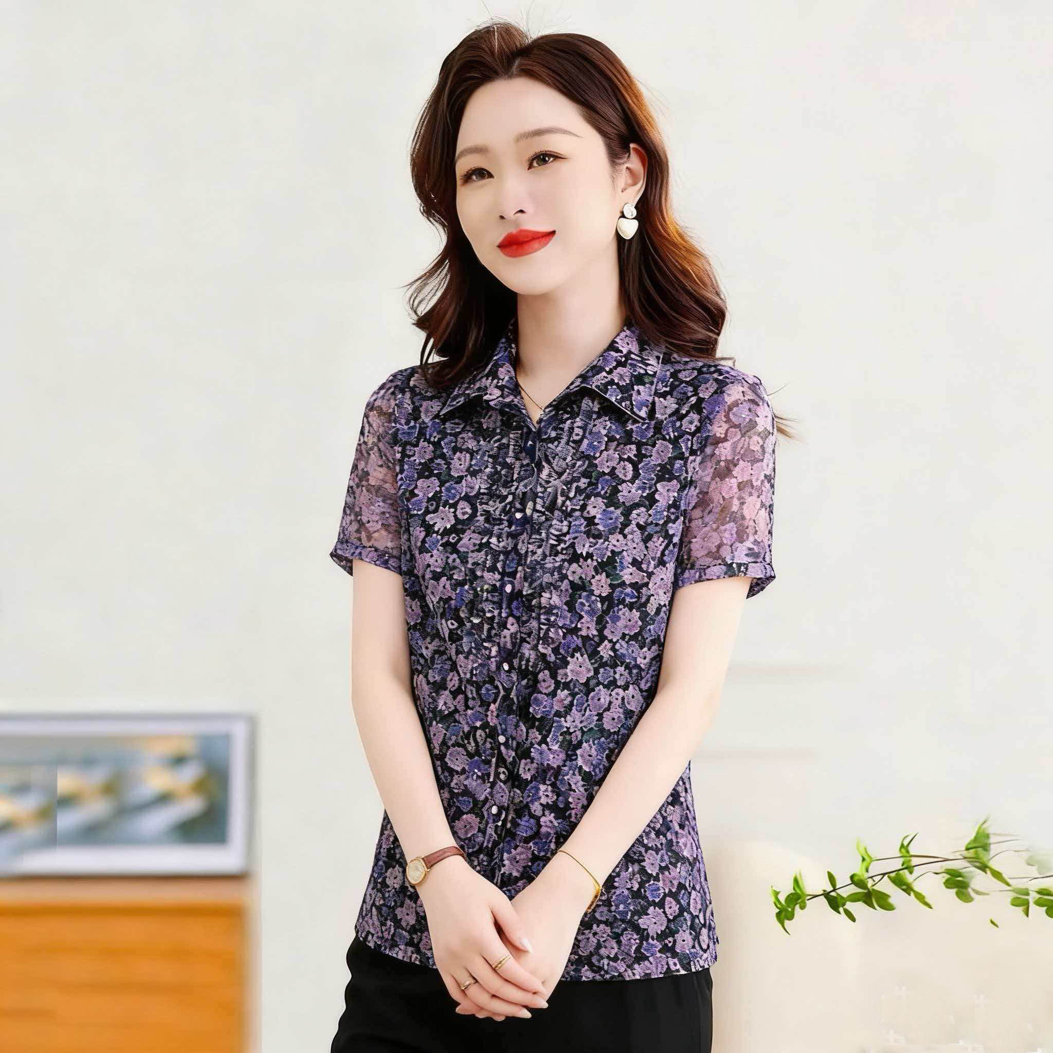 品牌夏季女装2026年中老人开衫台湾纱花衫40-50岁妈妈装短袖衬衫
