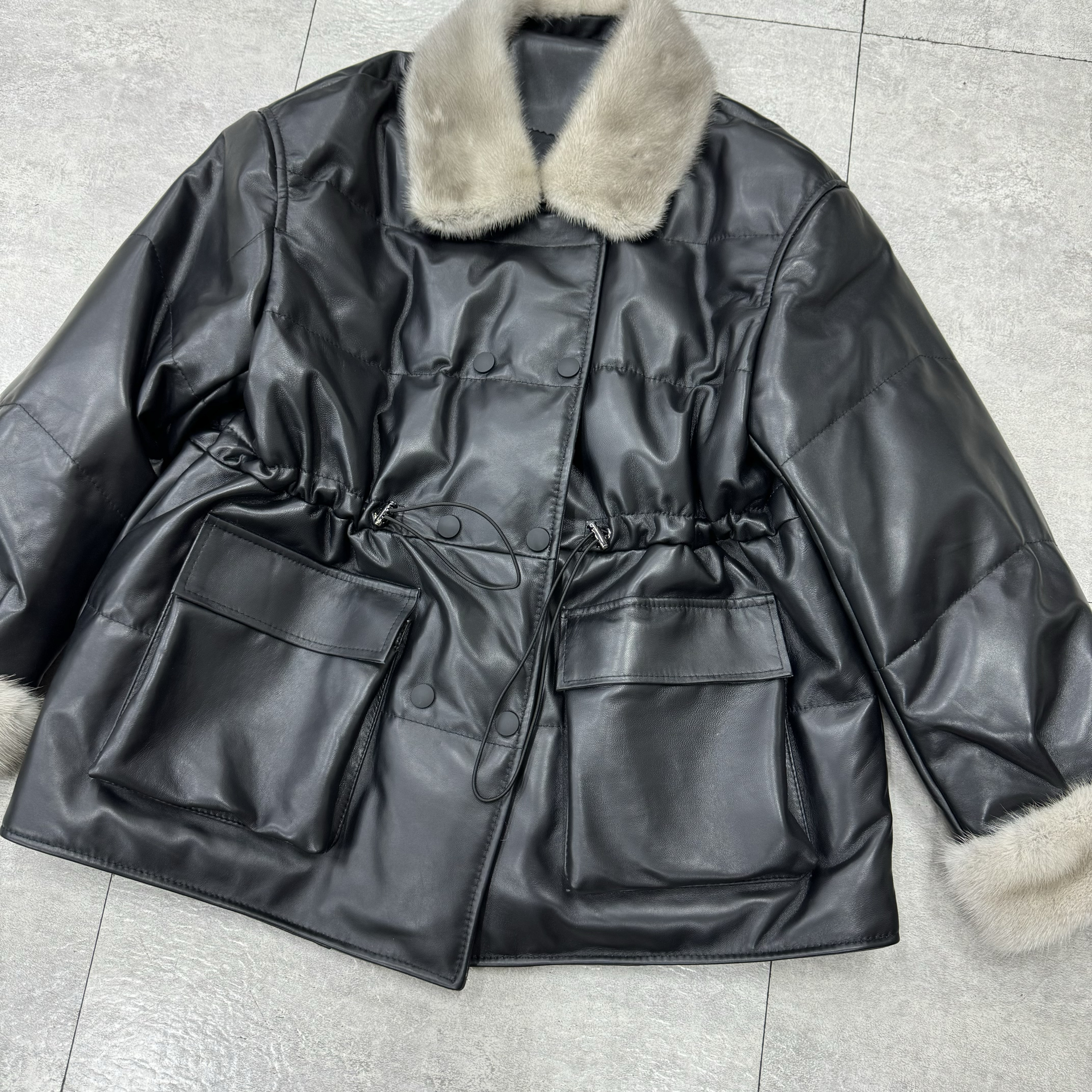欧洲站冬季新款真皮羽绒服女短款水貂毛领皮衣绵羊皮白鸭绒外套