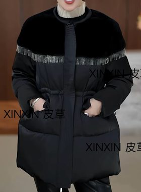 欧洲站2025冬季新款中长款时尚立领皮毛一体拼接羽绒收腰休闲