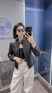 陈太太同款2023年秋季新款绵羊皮机车皮衣修身显瘦短款真皮外套女