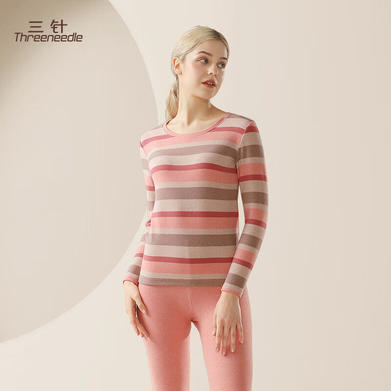 三针女士保暖内衣套装纯棉加厚条纹棉毛衫大朵舒绒秋衣秋裤长绒棉