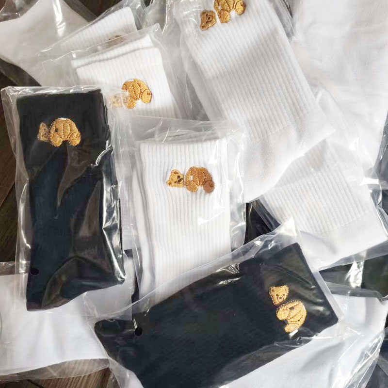 棕榈树刺绣纯棉运动中筒潮袜现货图片