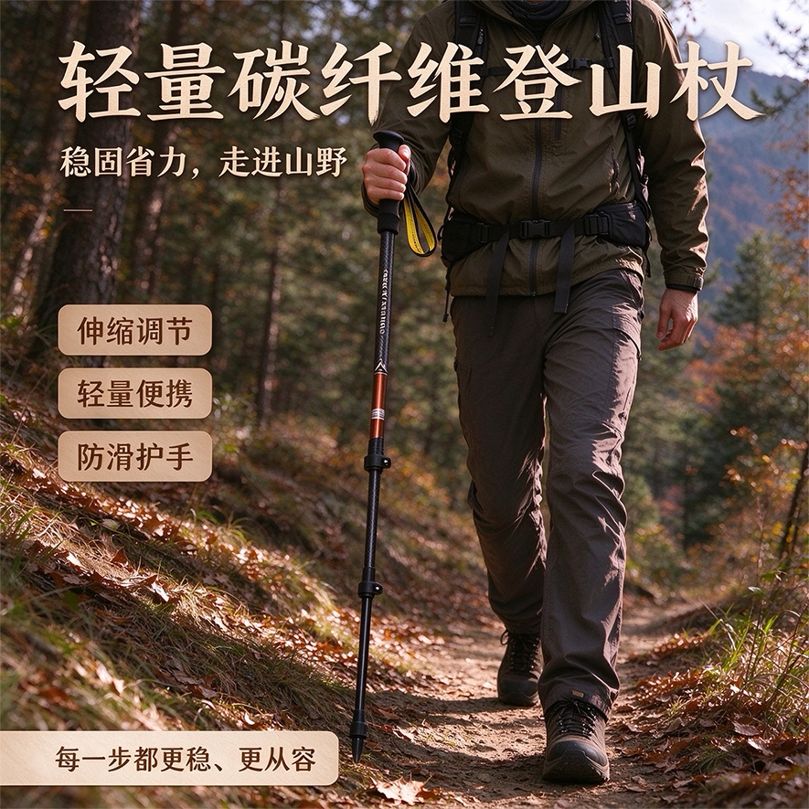 碳纤维登山杖男士户外老钱风轻量徒步新款可伸缩便携越野装备