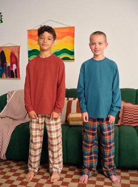 代购 NEXT男童纯棉家居服 25秋冬季橙色格子儿童睡衣2套装 3-16岁