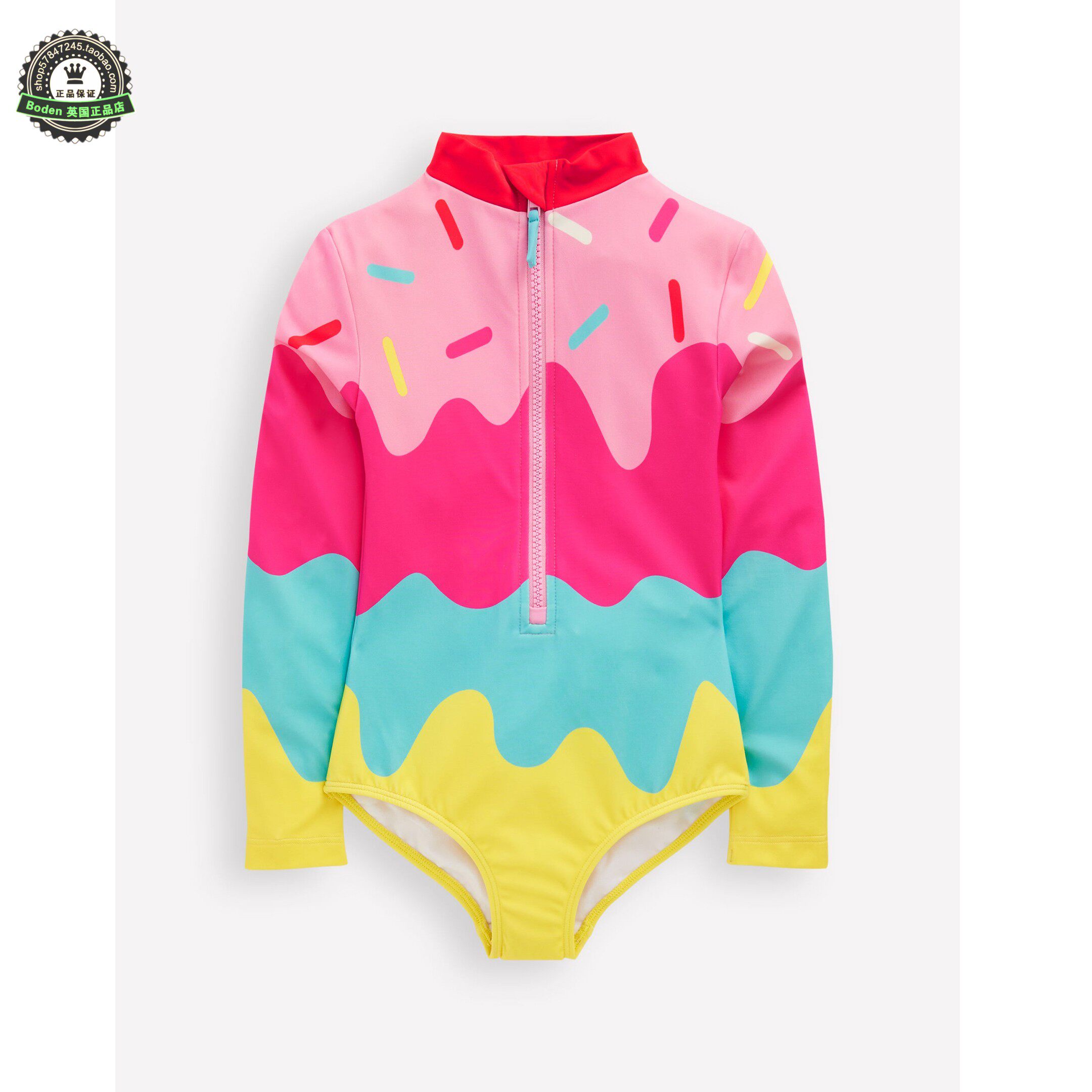 代购MiniBoden儿童连体泳衣 26夏女童粉色冰淇淋沙滩长袖防晒泳装