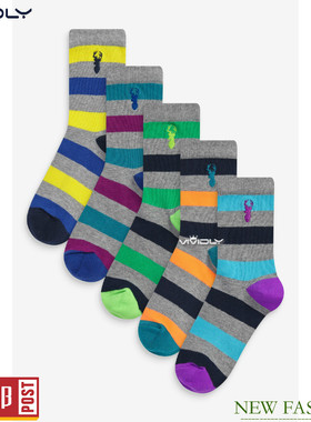 现货N*XT灰色雄鹿儿童袜 秋刺绣条纹棉短袜中大男童袜5双装6-8.5