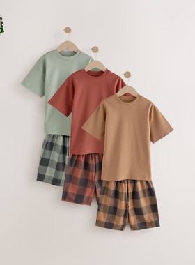 代购NEXT男童短袖家居服 25夏季绿/橙色儿童纯棉睡衣3套装 3-16岁