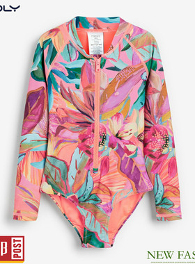 现货 NEXT女童长袖防晒泳衣 夏季橙色花卉浮潜服沙滩防晒(3-16岁)