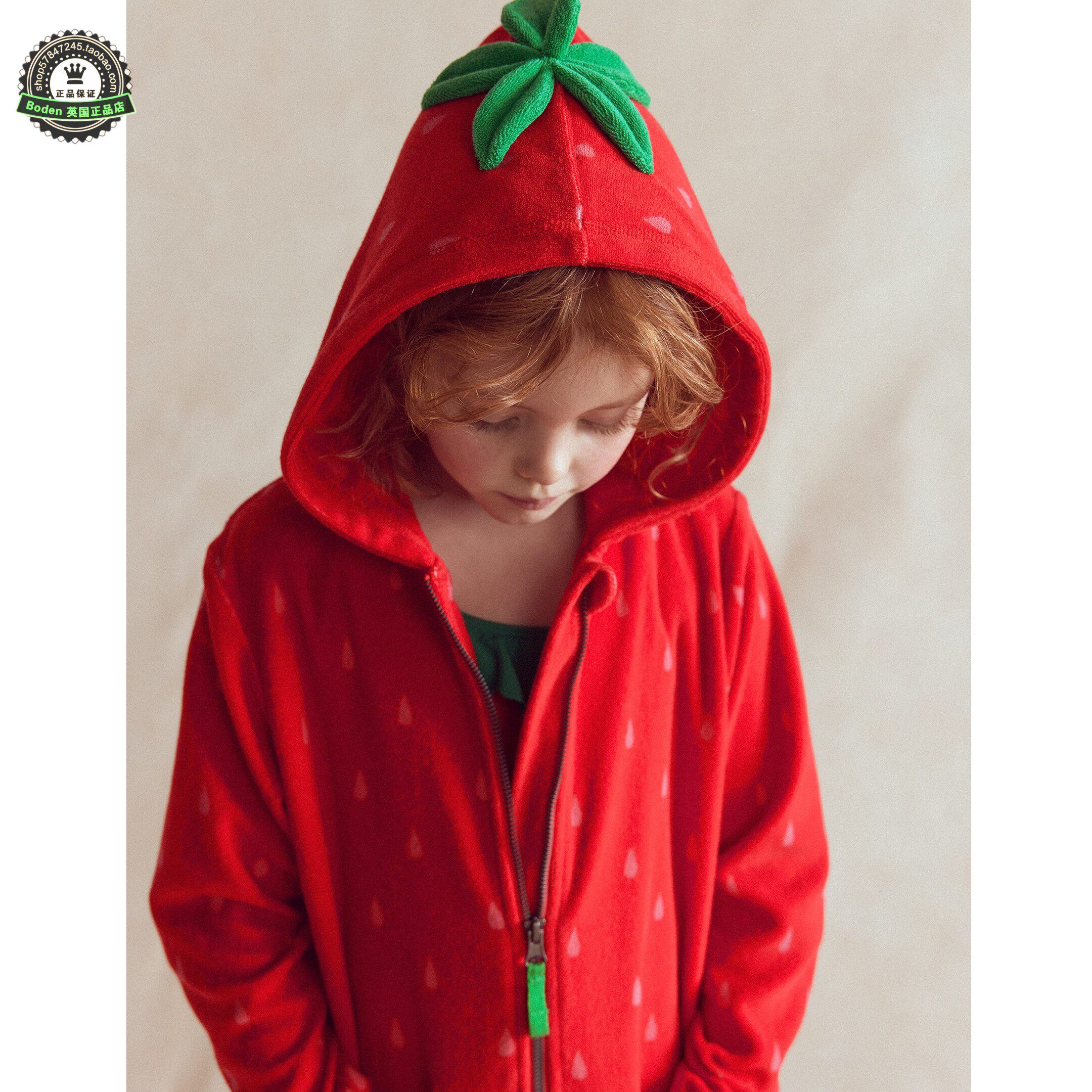 代购MiniBoden儿童泳袍 26夏女童红色草莓条纹毛巾料游泳柔软浴袍