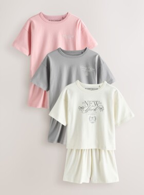 代购 NEXT儿童短袖睡衣 26夏季女童粉灰色纯棉家居服3套装 3-16岁