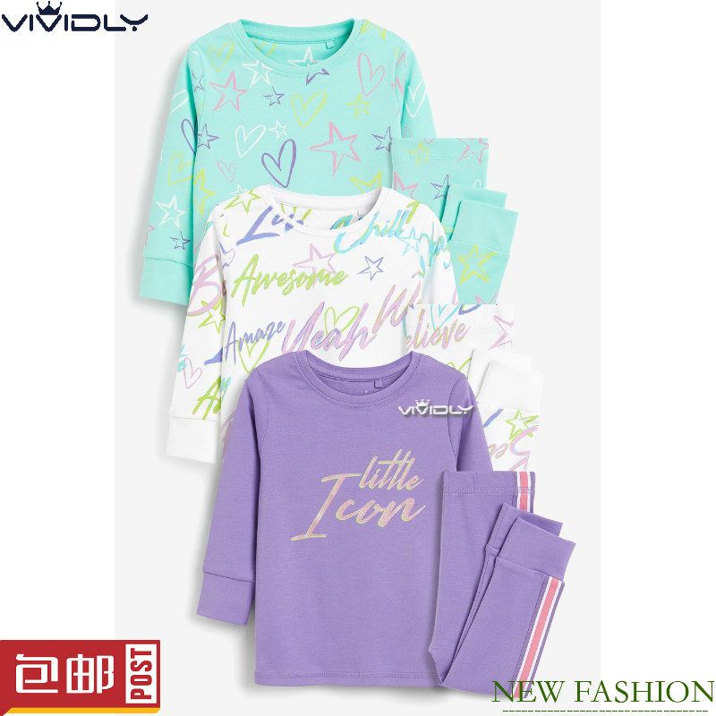 现货正品 NEXT女童纯棉秋衣秋裤 秋冬蓝色涂鸦儿童睡衣3套(4-5岁)