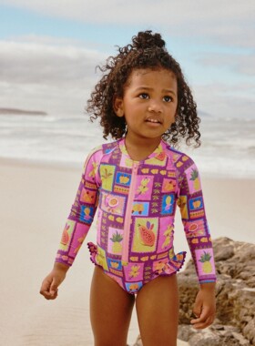 代购 NEXT儿童连体泳衣 26夏女童紫橙色热带长袖防晒泳装 3月-7岁