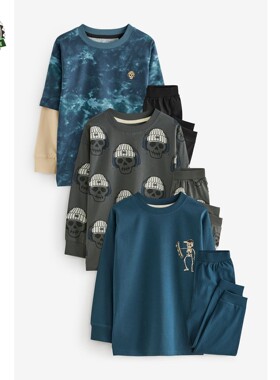 现货速发 NEXT男童纯棉家居服 秋季蓝灰色骷髅儿童睡衣3套装 11岁
