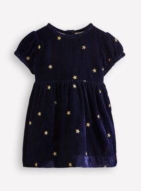 代购MiniBoden女宝宝派对礼服裙 25秋季儿童蓝色丝绒连衣裙 0-3岁