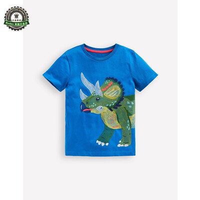 现货 MiniBoden儿童短袖T恤 25夏装男童蓝色恐龙纯棉刺绣半袖上衣