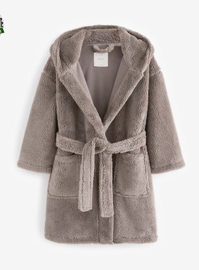 现货NEXT儿童睡袍 25秋冬季男童豆灰色抓绒柔软连帽浴袍 1.5-16岁