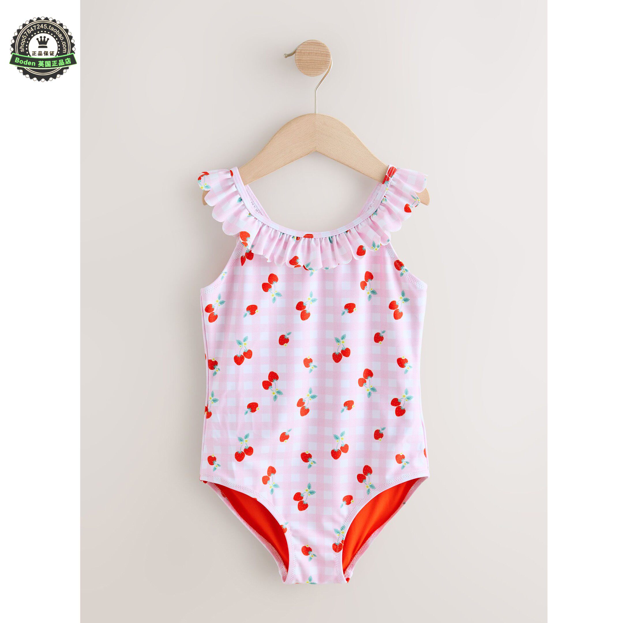 代购NEXT儿童连体泳衣 26夏季女童粉色樱桃方格荷叶边泳装 3-16岁