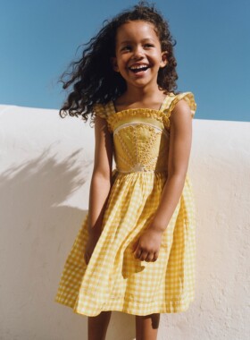 代购 MiniBoden女童吊带连衣裙 26夏季黄色格纹褶皱儿童裙 2-12岁