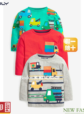 现货NEXT男童纯棉长袖T恤 2023秋季红绿色卡车圆领3件装 6-7岁