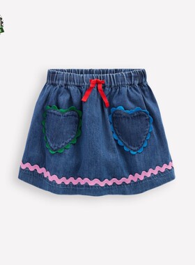 代购 MiniBoden儿童短裙 25秋季女童靛蓝色水洗棉质牛仔裙 2-12岁