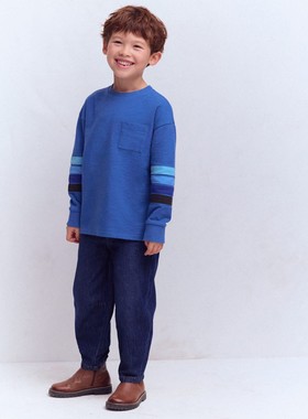 代购 MiniBoden儿童长袖T恤 26春季男童蓝色系条纹宽松中厚打底衫