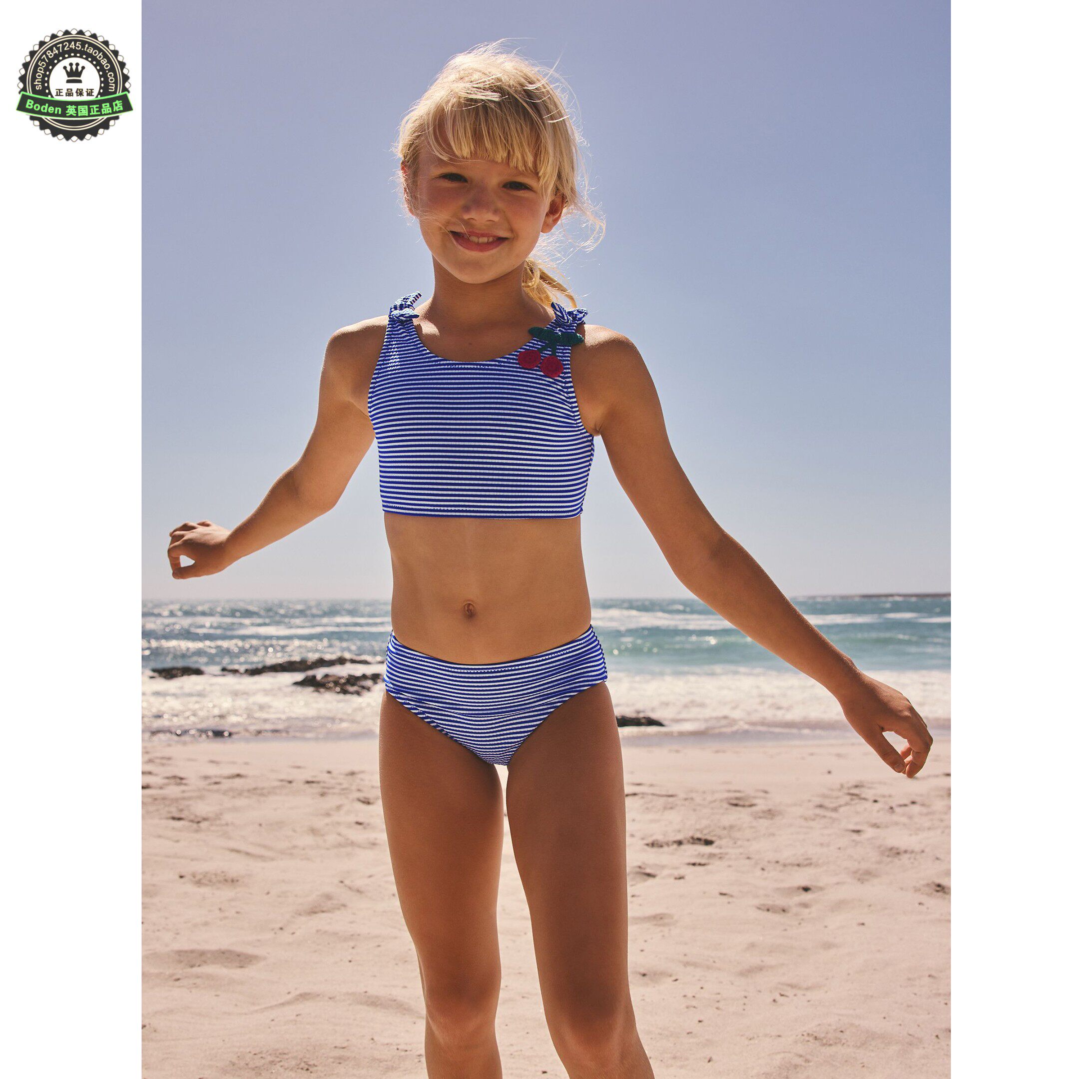 代购NEXT儿童泳衣 26夏季女童蓝色樱桃条纹比基尼分体泳装 3-16岁