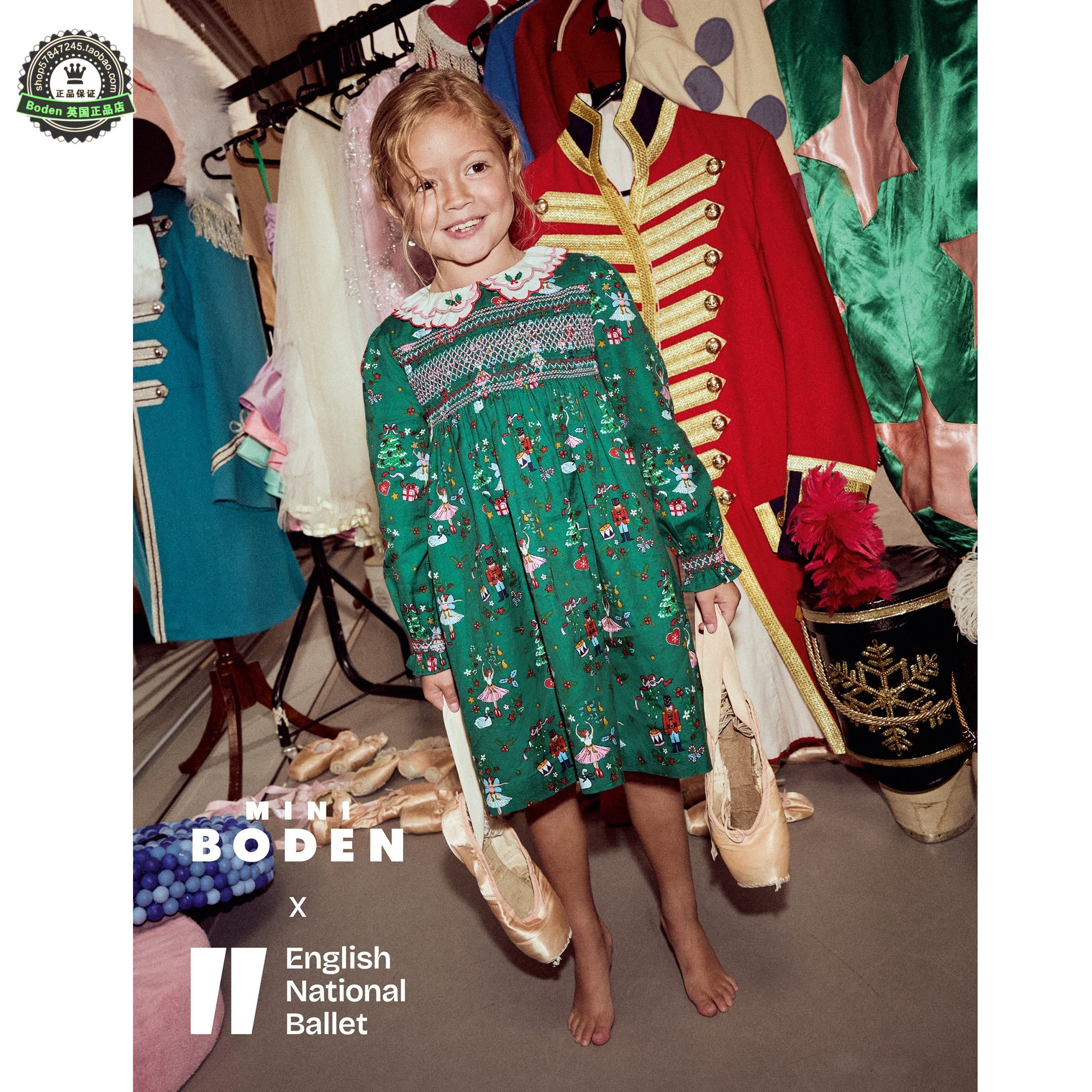 代购 MiniBoden圣诞节儿童连衣裙 25秋女童绿色派对礼服裙 2-10岁