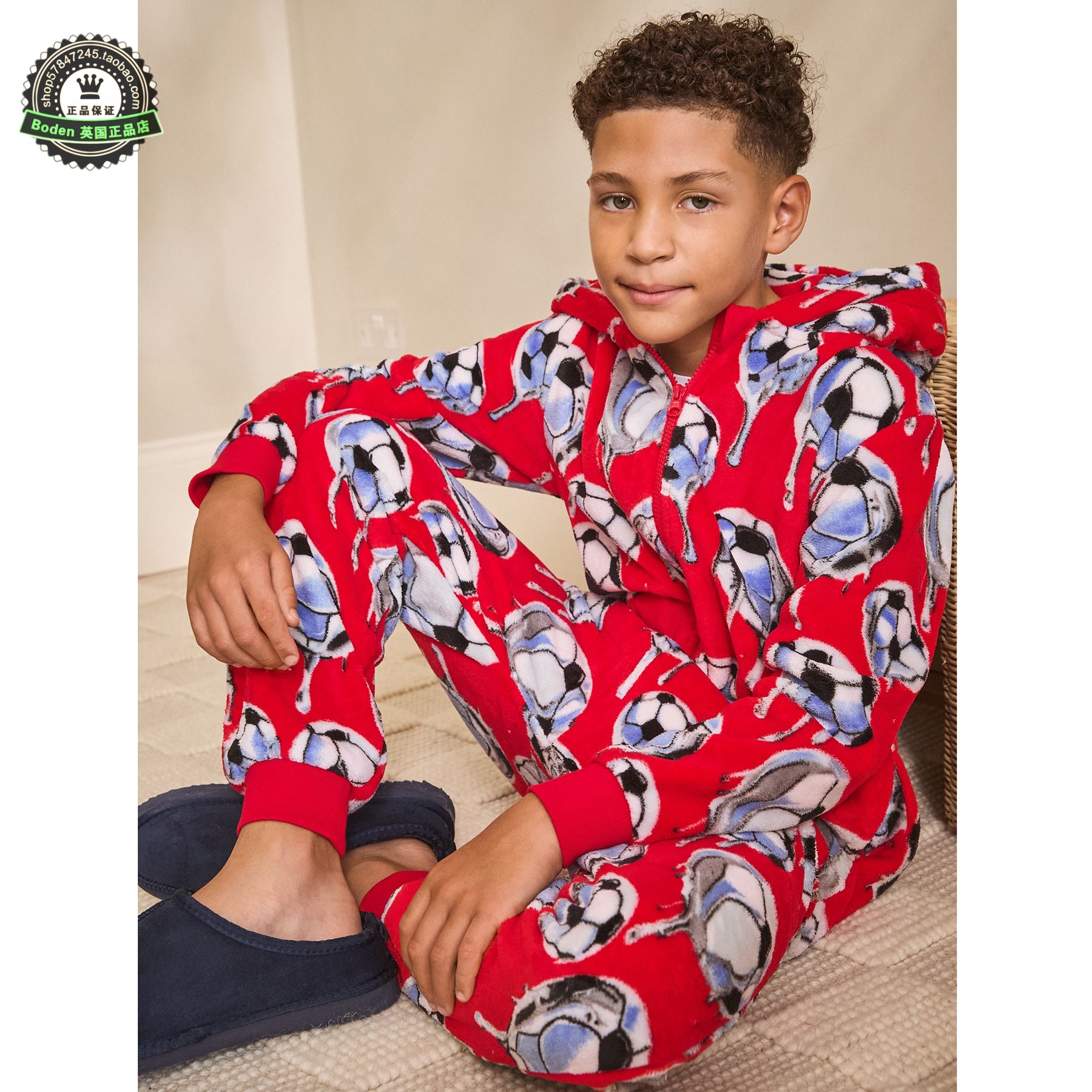 代购NEXT男童抓绒连体家居服 25秋季红色足球儿童连身睡衣 3-16岁